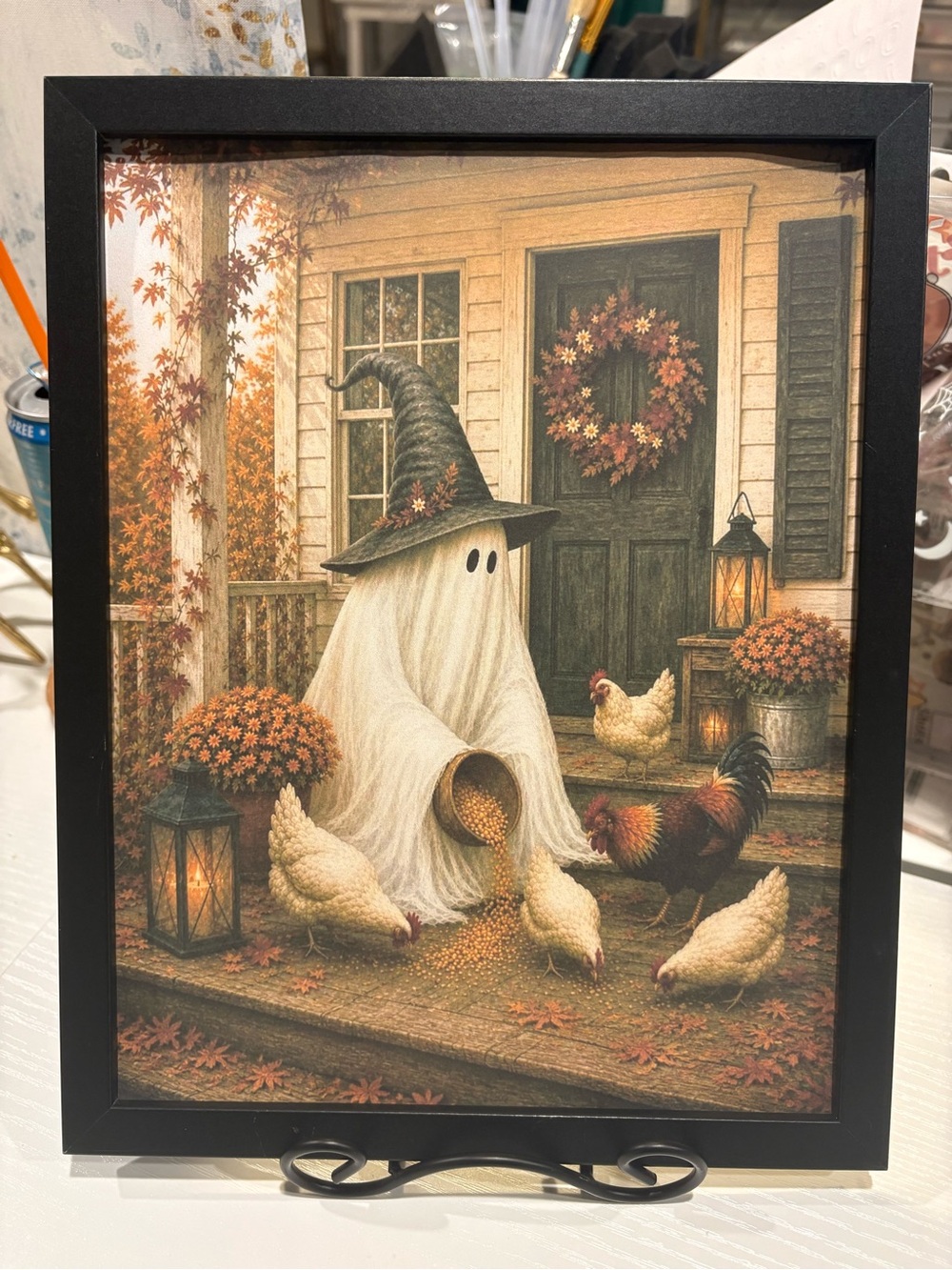 Cute Ghost Feeding Chickens Halloween Fall Autumn Framed 8x10 Art Print